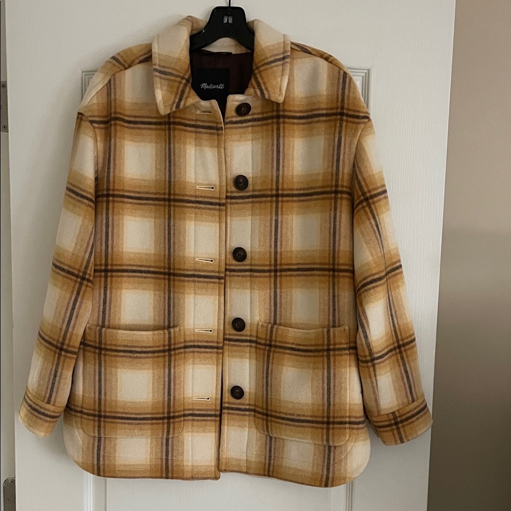 Madewell Plaid Pea Coat in Cream and Brown